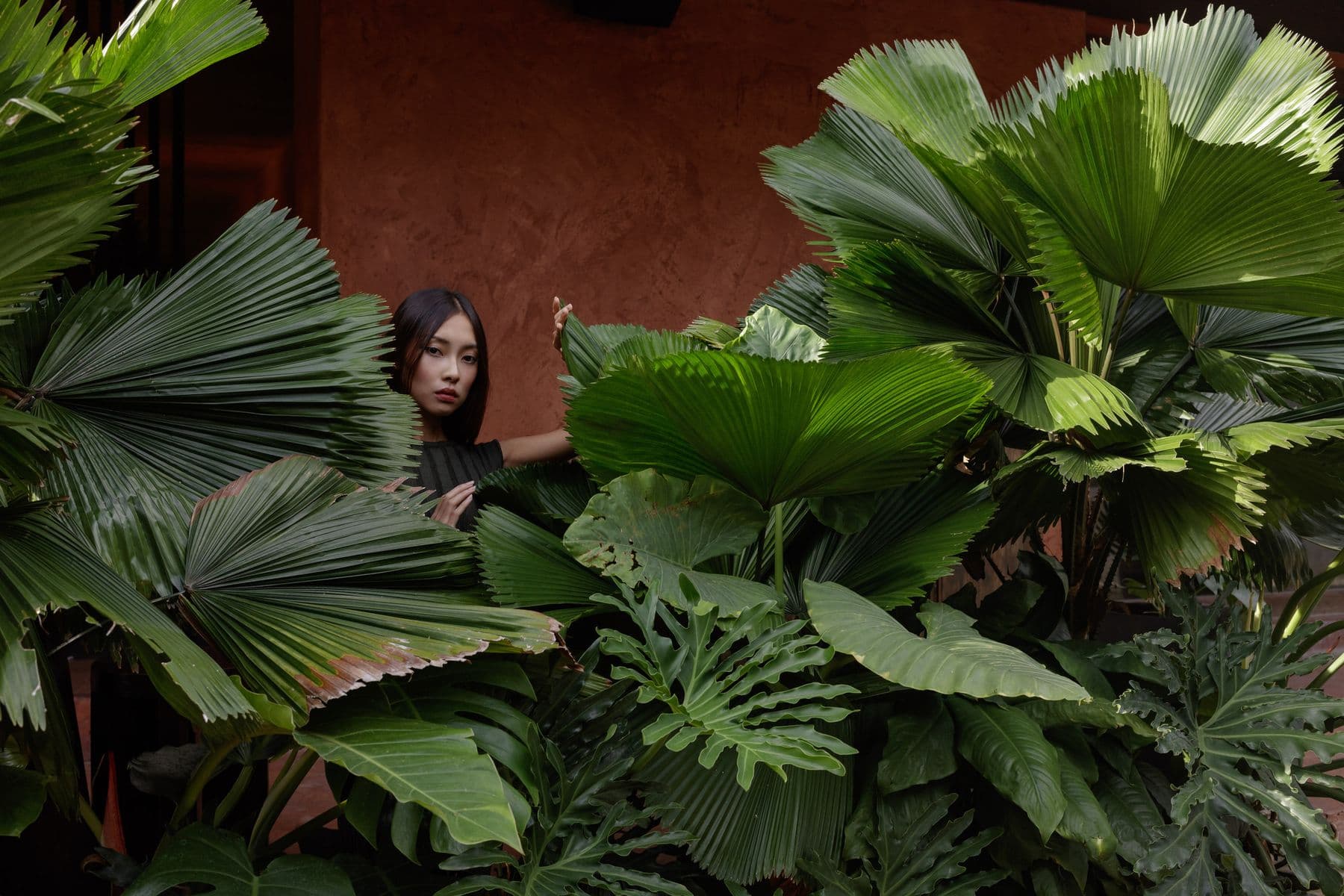 A woman among broad tropical leaves